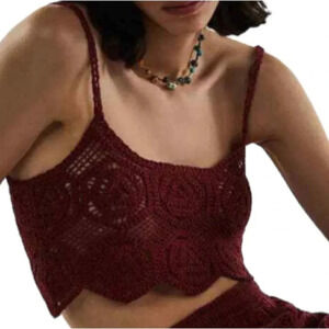 ZARA Crochet Crop Tank Top Rusty Maroon Spaghetti  Strap Bohemian Festival M
